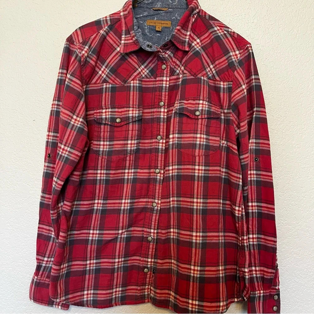 Jachs Girlfriend red plaid long sleeve snap button down shirt size medium - Picture 3 of 11